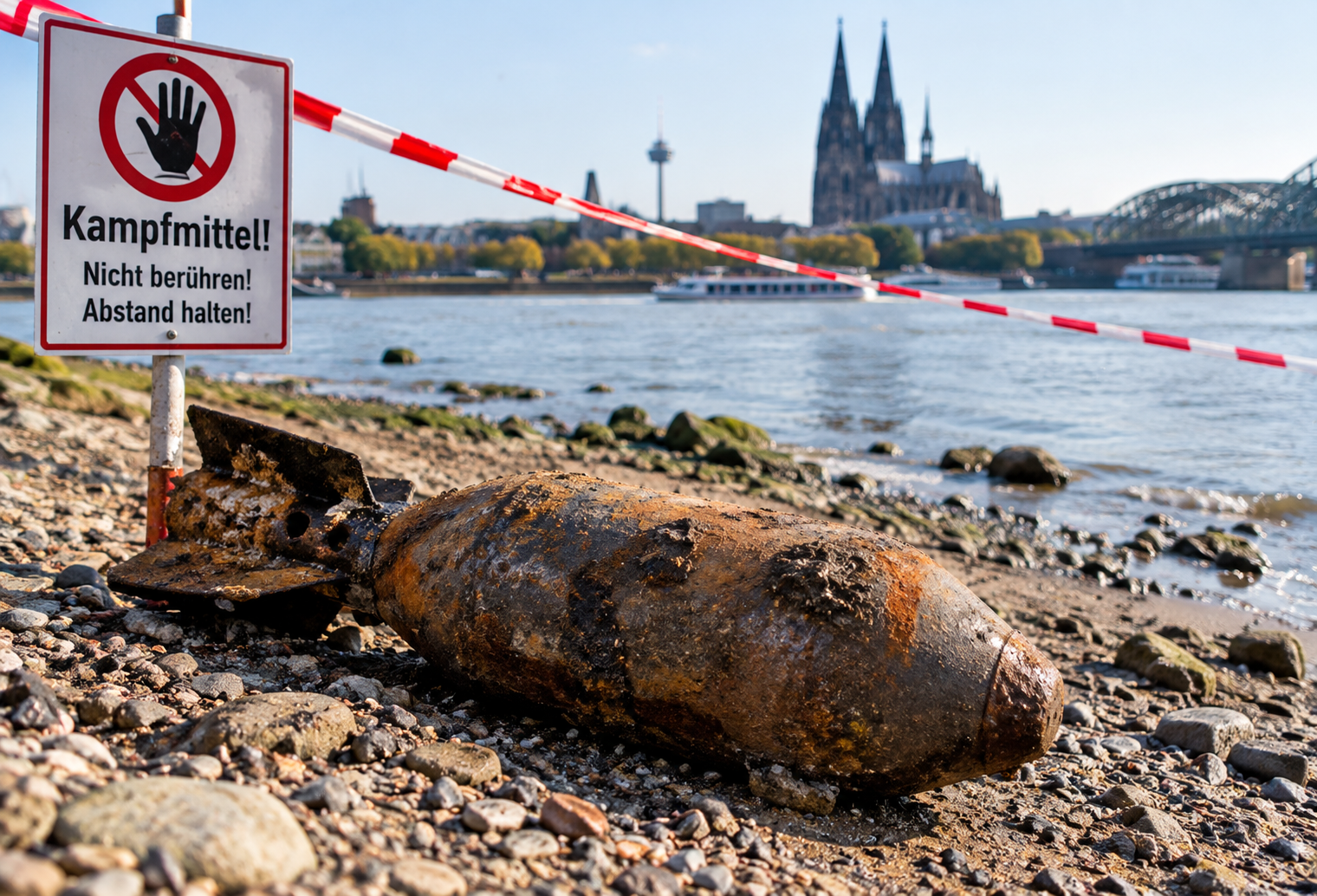 Warnung am Rheinufer in Köln